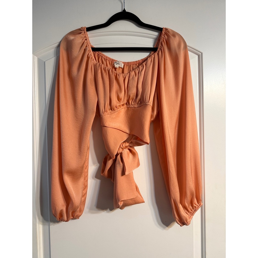 Entro Satin Tie Front Crop Top Large Peach Balloon Sleeve Coquette Boho Romantic